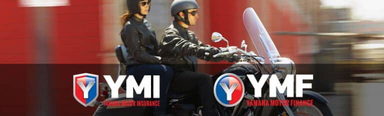 Two people riding a motorcycle with helmets and sunglasses. Logos for Yamaha Motor Insurance and Yamaha Motor Finance are at the bottom.