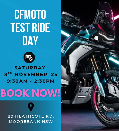 Promotional poster for CFMOTO Test Ride Day on 8th November 2025, 9:30am-2:30pm at 80 Heathcote Rd, Moorebank NSW, featuring a close-up of a CFMOTO motorcycle.