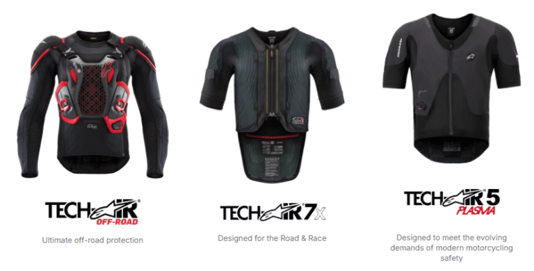 Three types of Alpinestars motorcycle protective jackets: Tech-Air Off-Road, Tech-Air 7X, and Tech-Air 5, each designed for different riding needs.