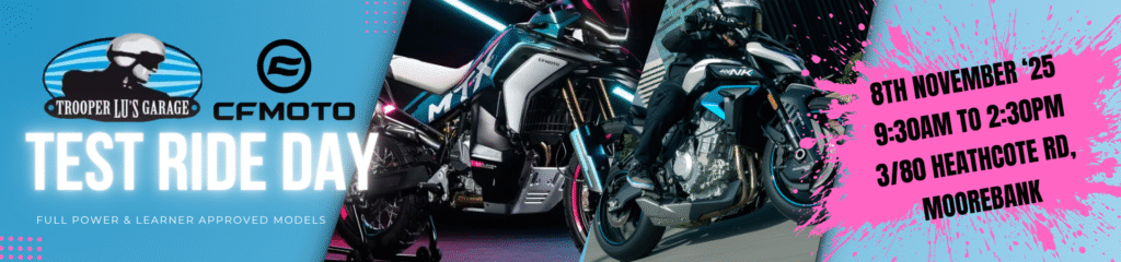 Banner for Trooper Lu's Garage CFMOTO Test Ride Day on 8th November '25, 9:30am to 2:30pm, at 3/80 Heathcote Rd, Moorebank, featuring motorcycles.