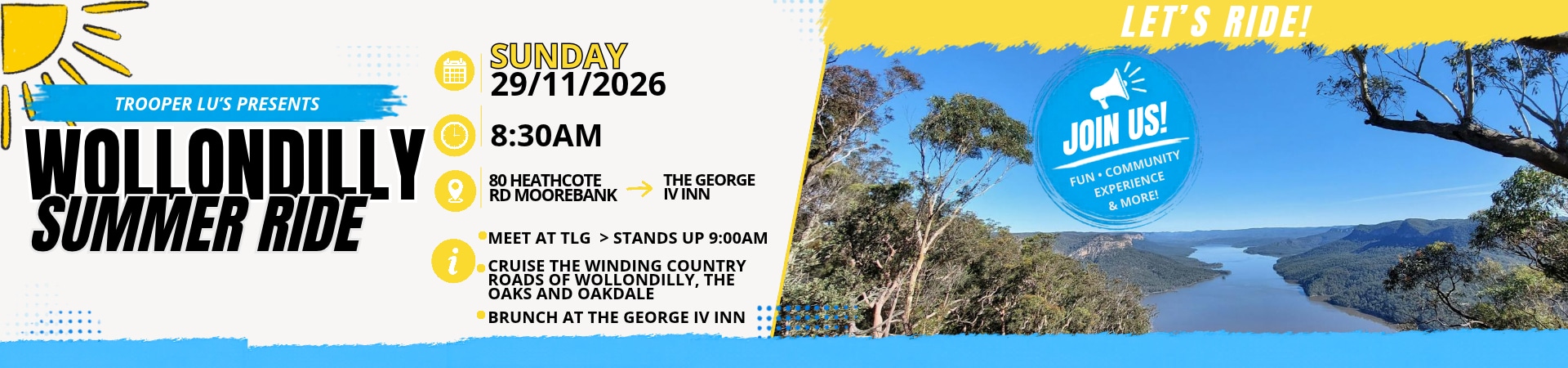 Trooper Lu's Wollondilly Summer Ride, Sunday 29 November 2026, 8:30am from 80 Heathcote Road, Moorebank to the George IV Inn, Picton